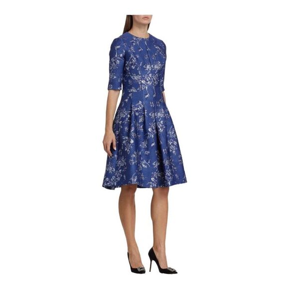 Teri Jon Blue Jacquard Floral Print Box Pleat Dress Size 2 NWT - Picture 1 of 11